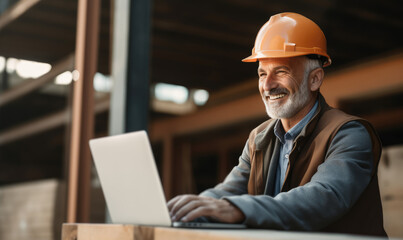 A man in a hard hat focused on his laptop while working at a construction site.