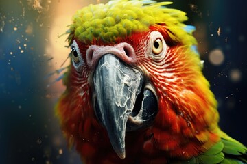 A detailed shot of a parrot, featuring its vibrant plumage, against a blurred background.