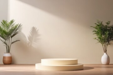 Premium quality Minimal product display neutral beige color shadows and podium background. 3d rendering, Ai Generative
