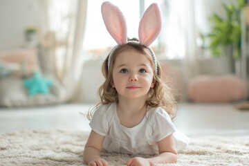 Portrait of cute little smiling girl wears pink toy bunny ears lying on the carpet at home