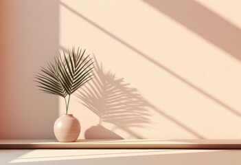 simple brown window decoration frame with palm tree simple living things The sun shines on it. Simple ceramic, light pink and light beige.