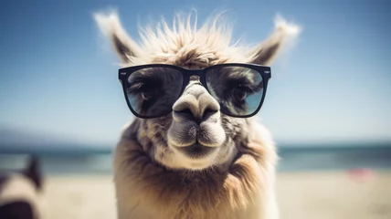 Foto op Plexiglas A llama close-up with sunglasses, showing off its unique style. © pham