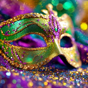 close-up mardi-gras mask with vibrant colors and bokeh effect