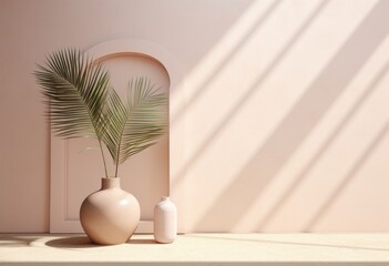 Fototapeta na wymiar simple brown window decoration frame with palm tree simple living things The sun shines on it. Simple ceramic, light pink and light beige.