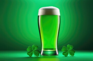 Green beer glass with four-leaf clover on Saint Patrick day