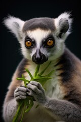 Obraz premium A detailed view of a lemura closely holding a plant in its hands.