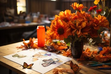 Naklejka na ściany i meble Bright orange flowers and illustrated butterflies create an artistic and warm composition on a table