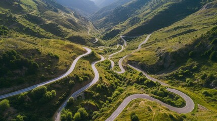 Drone shot, aerial photo, serpentine in the Pyrenees, country road in the mountains, Aragnouet, Departement Hautes-Pyrenees, France, Europe - obrazy, fototapety, plakaty