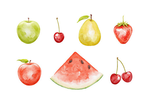 Set of juicy bright cute fruits isolated on white background. Watercolor hand drawn illustration sketch