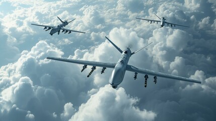 Group of kamkazza combat drones on the background of sky and clouds, top view, 3d rendering. Concept: war in Ukraine, drone attack