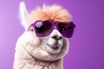 A llama is wearing stylish sunglasses while standing against a vibrant purple background.