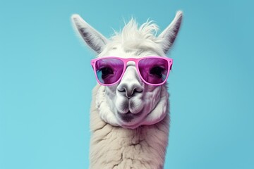 A llama wearing pink sunglasses poses against a vibrant blue backdrop.
