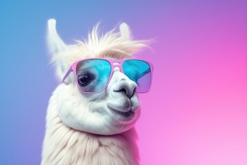 A llama wearing sunglasses stands against a vibrant pink and blue background.