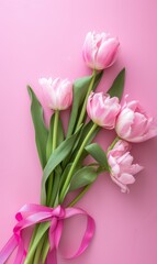 Fototapeta premium Elegant Pink Tulips on a Pastel Pink Background Signifying Love and Appreciation for Mother's Day 