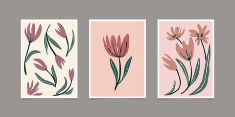 Set of compositions with flowers in a modern style.
