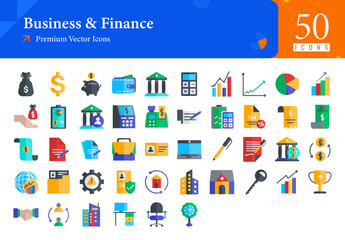 Fototapeta premium Set of Business icons. Business and Finance web icons in line style. Money, bank, contact, infographic. Icon collection. Flat color icons pack. Vector illustration Ai EPS File