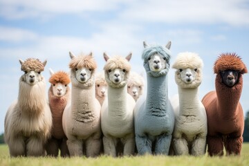 Obraz premium A group of alpacas stand side by side, their fluffy coats blending seamlessly as they graze in a green field.