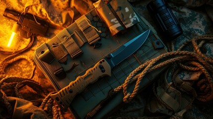 Military composition with a knife and a rope. Rope and sleeves on a military box. Warm yellow light. Knife and flashlight pocket. View from above - obrazy, fototapety, plakaty