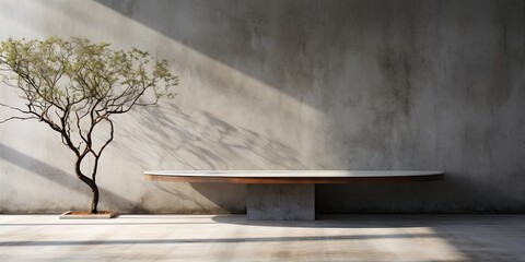 Concrete table with tree shadow on wall background, suitable for product presentation.