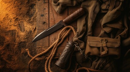 Military composition with a knife and a rope. Rope and sleeves on a military box. Warm yellow light. Knife and flashlight pocket. View from above - obrazy, fototapety, plakaty