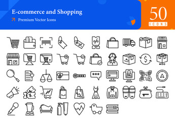 Set of Commerce icons. Commerce and Shopping web icons in line style. Cat, shopping, tags, discount, shop, online, sale, search. Icon collection. Line icons pack. Vector illustration Ai EPS File