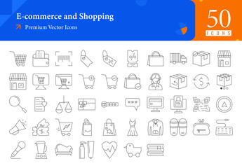 Set of Commerce icons. Commerce and Shopping web icons in line style. Cat, shopping, tags, discount, shop, online, sale, search. Icon collection. Line icons pack. Vector illustration Ai EPS File