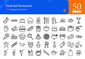 Set of food icons. food and restaurant web icons in line style. fork, knife, food, menu, chef hat, tea cup icon collection. Line icons pack. vector illustration ai eps file