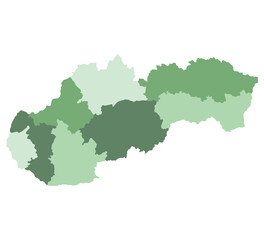 Slovakia map. Map of Slovakia in eight mains regions in multicolor