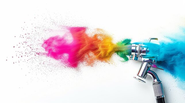 professional chrome metal airbrush acrylic color paint gun tool with colorful rainbow spray holi powder cloud explosion isolated on white panorama background industry art scale model modelling concept