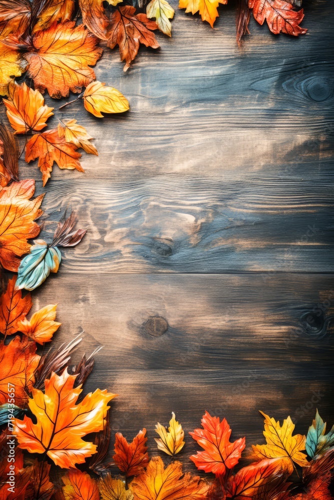 Poster autumn frame of rustic fallen leaves with matte background