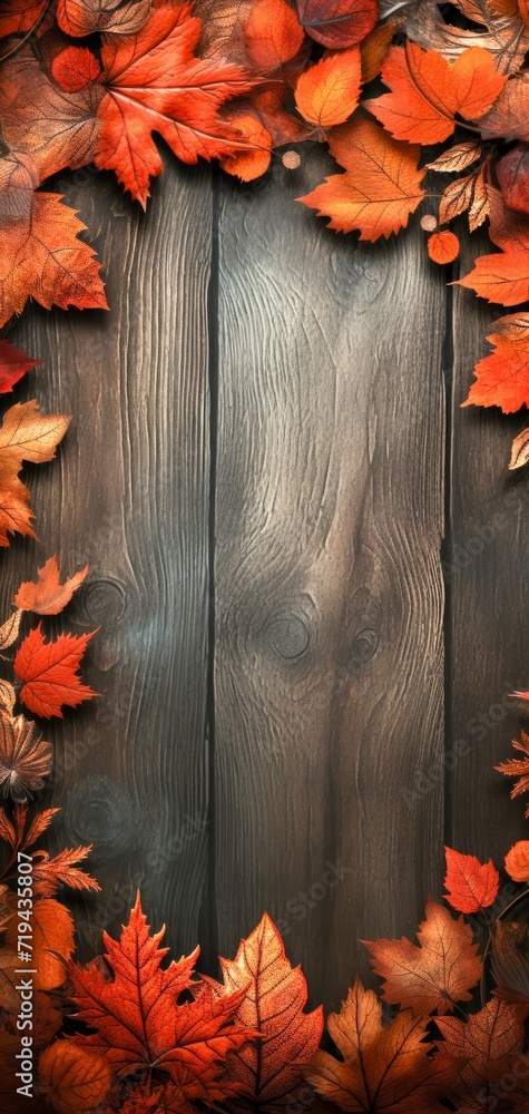 Poster autumn frame of rustic fallen leaves with matte background