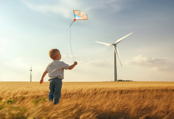 Child with Kite Playing in a Field with Wind Turbines, Sustainable Energy Concept