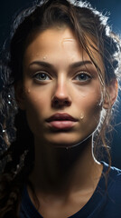 close up portrait of woman female football player with Wet Hair and Water Droplets, Dramatic Lighting Portrait