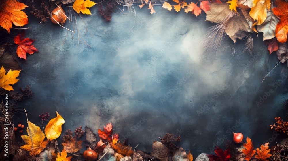 Poster autumn frame of rustic fallen leaves with matte background