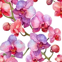 Colorful Seamless Floral Pattern. Vibrant Watercolor Exotic Orchids