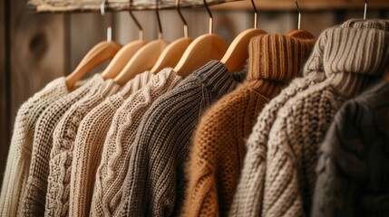 Row of different brown and warm knitted on hanger autumn, jacket, coat winter clothes-wooden background