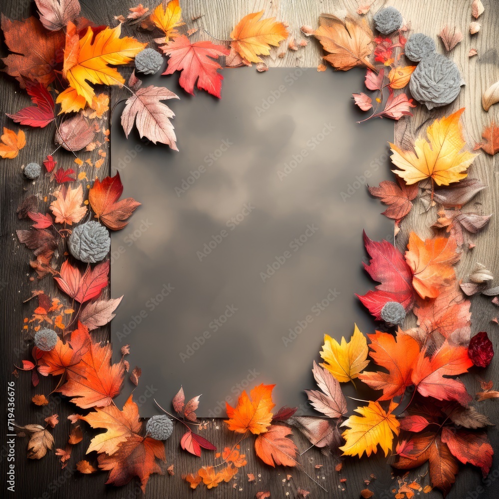 Poster autumn frame of rustic fallen leaves with matte background