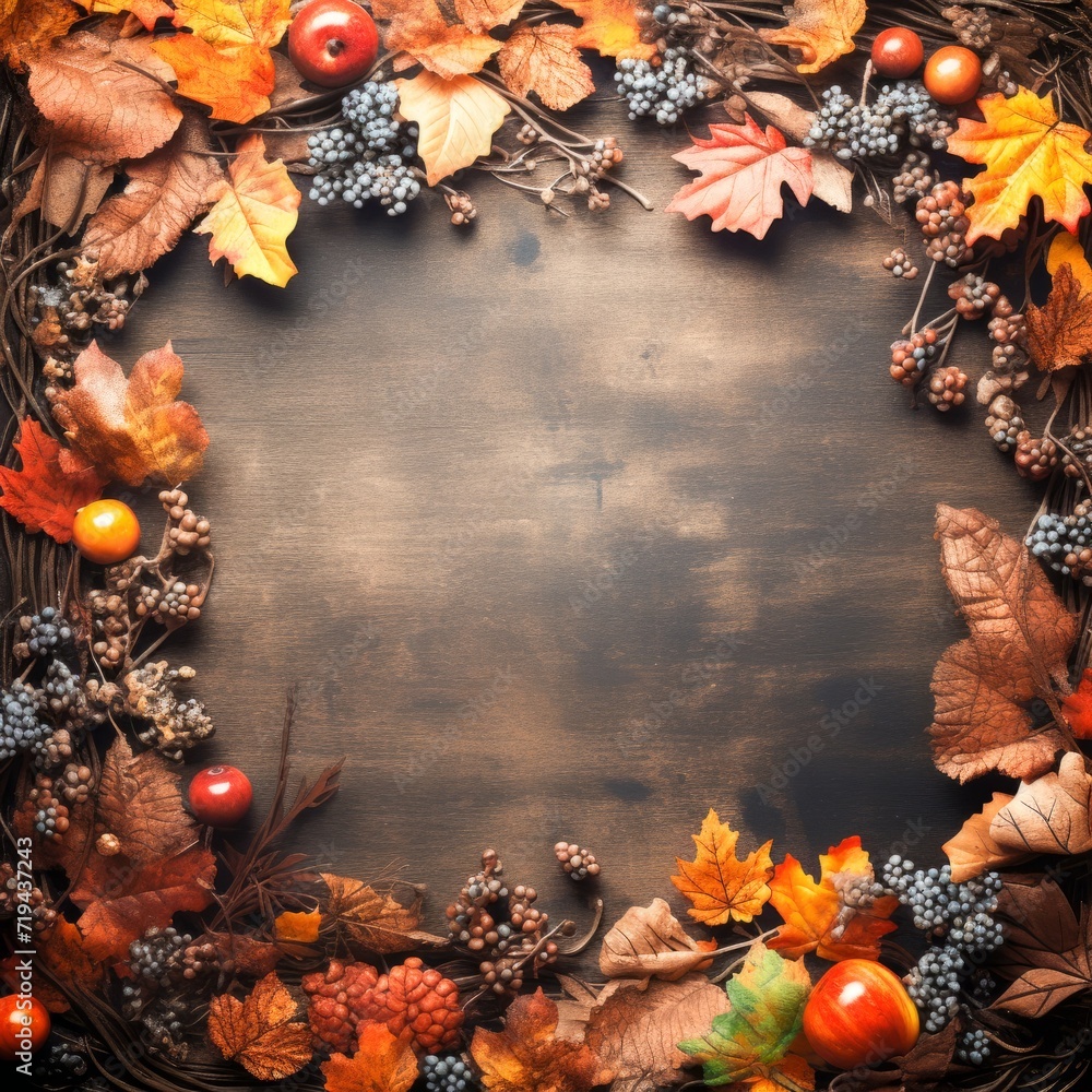 Poster autumn frame of rustic fallen leaves with matte background