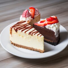 Two tempting desserts, a strawberry cheesecake and a chocolate one. An irresistible selection of desserts with the fresh sweetness of strawberries and the richness of chocolate.
