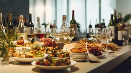 Panoramic view of a contemporary indoor wine and food pairing event, with a stylish setting and glasses raised to celebrate the perfect pairing.