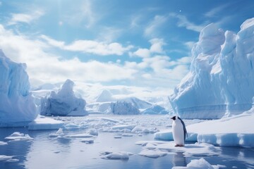 A lone penguin stands amid a serene, ice-covered Antarctic vista under a clear blue sky.