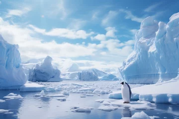 Photo sur Plexiglas Antarctique A lone penguin stands amid a serene, ice-covered Antarctic vista under a clear blue sky.