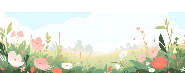 Children's book flat illustration with a blooming flowers field. Spring meadow with wildflowers. Panoramic flat banner with summer nature landscape with copy space. Concept design for kids room - obrazy, fototapety, plakaty