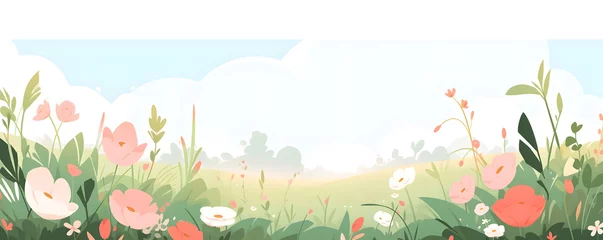 Gardinen Children's book flat illustration with a blooming flowers field. Spring meadow with wildflowers. Panoramic flat banner with summer nature landscape with copy space. Concept design for kids room © Irina
