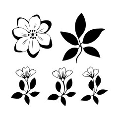 Jasmine flower black silhouette. Attractive tulips, jasmines, iris flower art vector illustration