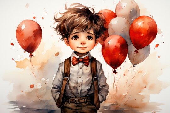 In this charming watercolor illustration, a lively and playful boy joyfully holds a vibrant balloon, creating the perfect whimsical scene for a delightful card. 
