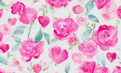 Pattern with pink flowers and hearts