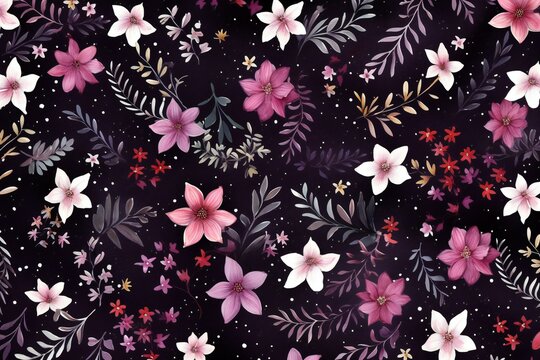 Seamless floral pattern with pink flowers and leaves on dark background