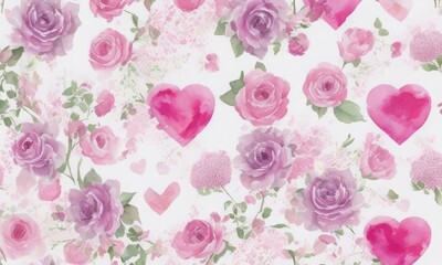 Pattern with pink flowers and hearts