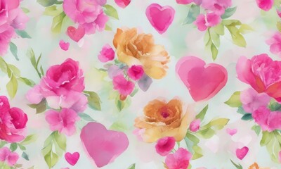 Pattern with pink flowers and hearts